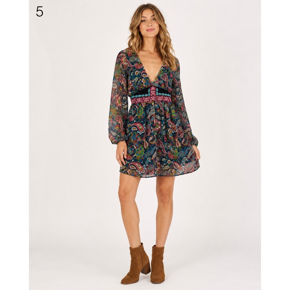 Flying Tomato Paisley Print Boho Mini Dress Womens Small Embroidered Hippie Boho